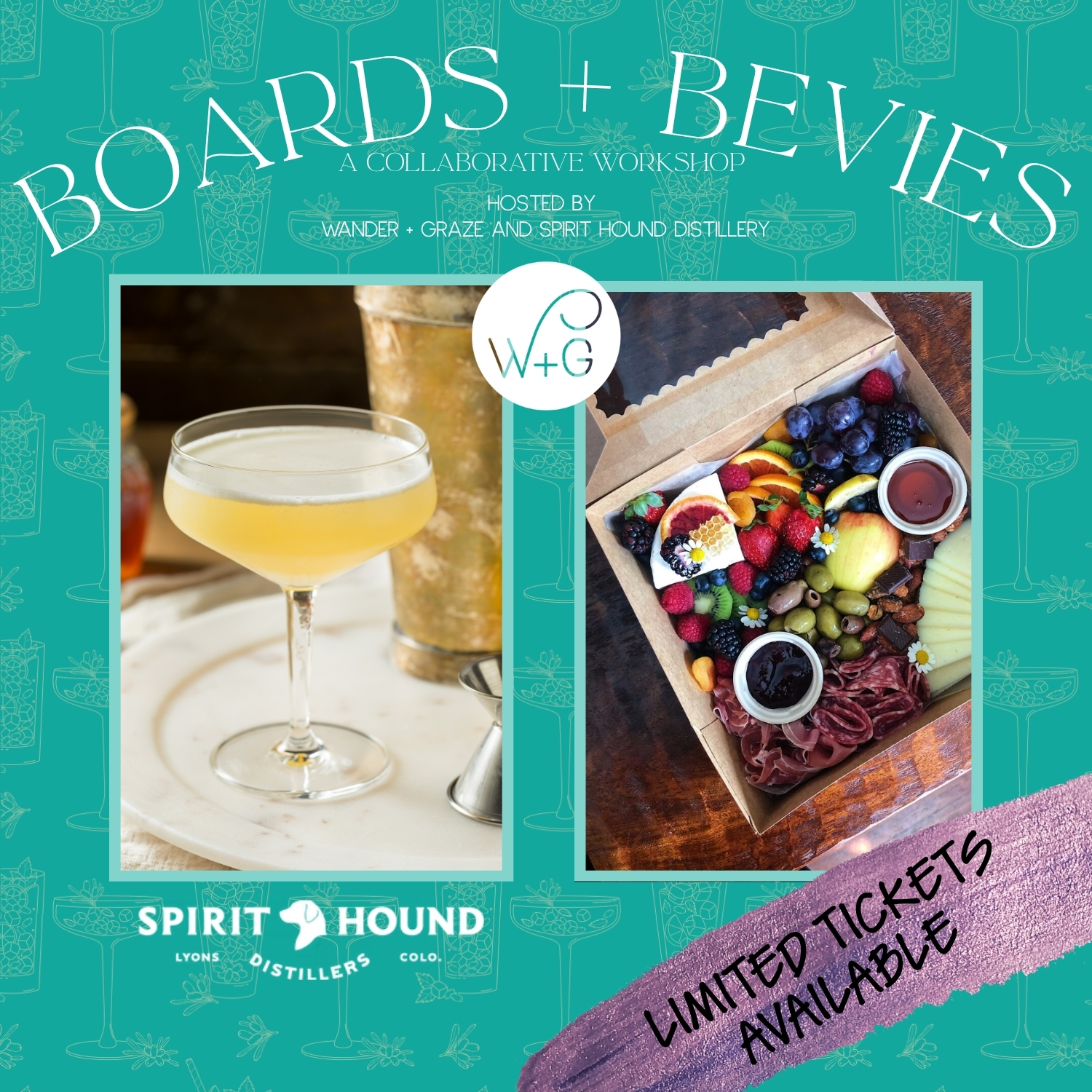 BOARDS + BEVIES WEBSITE SQUARE Charcuterie and Cocktail making workshop with Spirit Hound Distillery